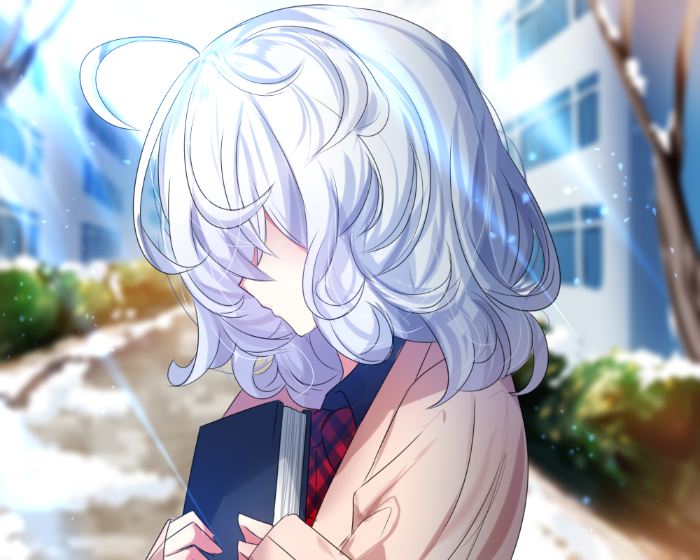1girl, ahoge, bare_tree, black_shirt, blurry, blurry_background, book, bow
