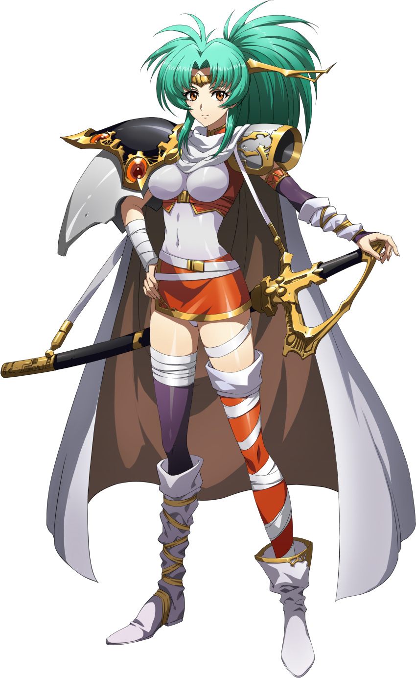 1girl, absurdres, angelina_(langrisser), asymmetrical_clothes, asymmetrical_footwear, cape, detached_sleeves, green_hair, hand_on_hip, headpiece, highres, holding, holding_sword, holding_weapon, langrisser, langrisser_iv, leotard, long_hair, looking_at_viewer, mismatched_legwear, official_art, pauldrons, ponytail, red_eyes, sheath, sheathed, smile, solo, standing, sword, thighhighs, transparent_background, weapon