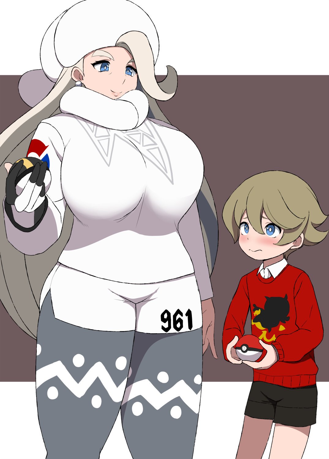 1boy, 1girl, age_difference, bangs, blonde_hair, blue_eyes, blush, breasts