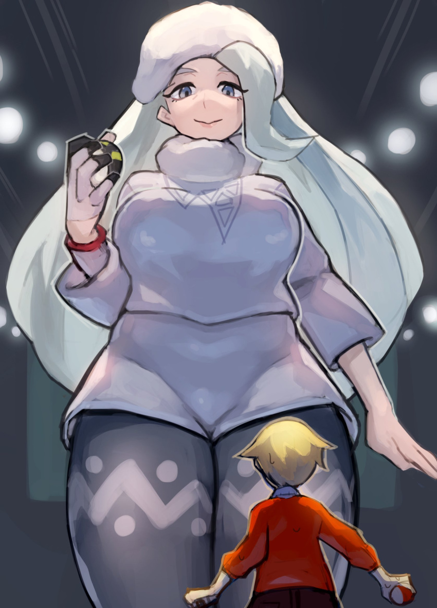 1boy, 1girl, blonde_hair, blue_eyes, breasts, giantess, gloves, highres