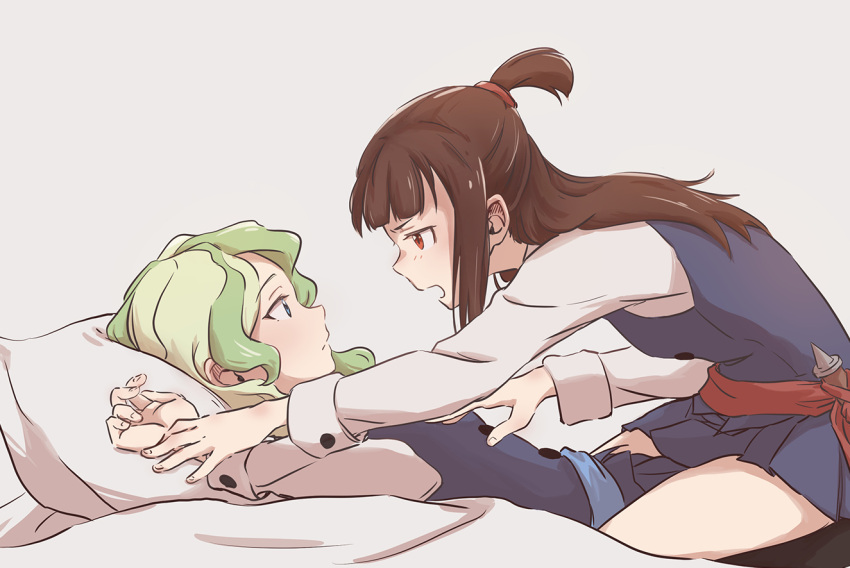 2girls, belt, blue_eyes, blue_sash, blush, brown_hair, collared_shirt, couple, diana_cavendish, eye_contact, hair_ornament, hand_on_another's_chest, hand_on_another's_hand, kagari_atsuko, little_witch_academia, looking_at_another, lying, multicolored_hair, multiple_girls, open_mouth, red_eyes, red_sash, sash, school_uniform, shirt, simple_background, sitting, sitting_on_lap, sitting_on_person, surprised, talking, tonton_(mathcaca24), two-tone_hair, uniform, vest, wavy_hair, white_background, white_shirt, yuri