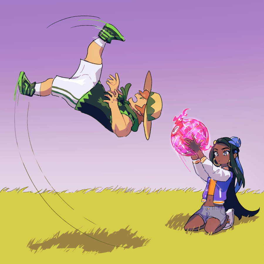 1boy, 1girl, dark_skin, dynamax_ball, go-lurk, grass, gym_leader, hat, jacket, jersey, long_hair, midriff, motion_lines, navel, open_mouth, parody, peanuts, poke_ball, pokemon, pokemon_(game), pokemon_swsh, rurina_(pokemon), shoes, shorts, sneakers, stomach, upside-down, very_long_hair, yarrow_(pokemon)
