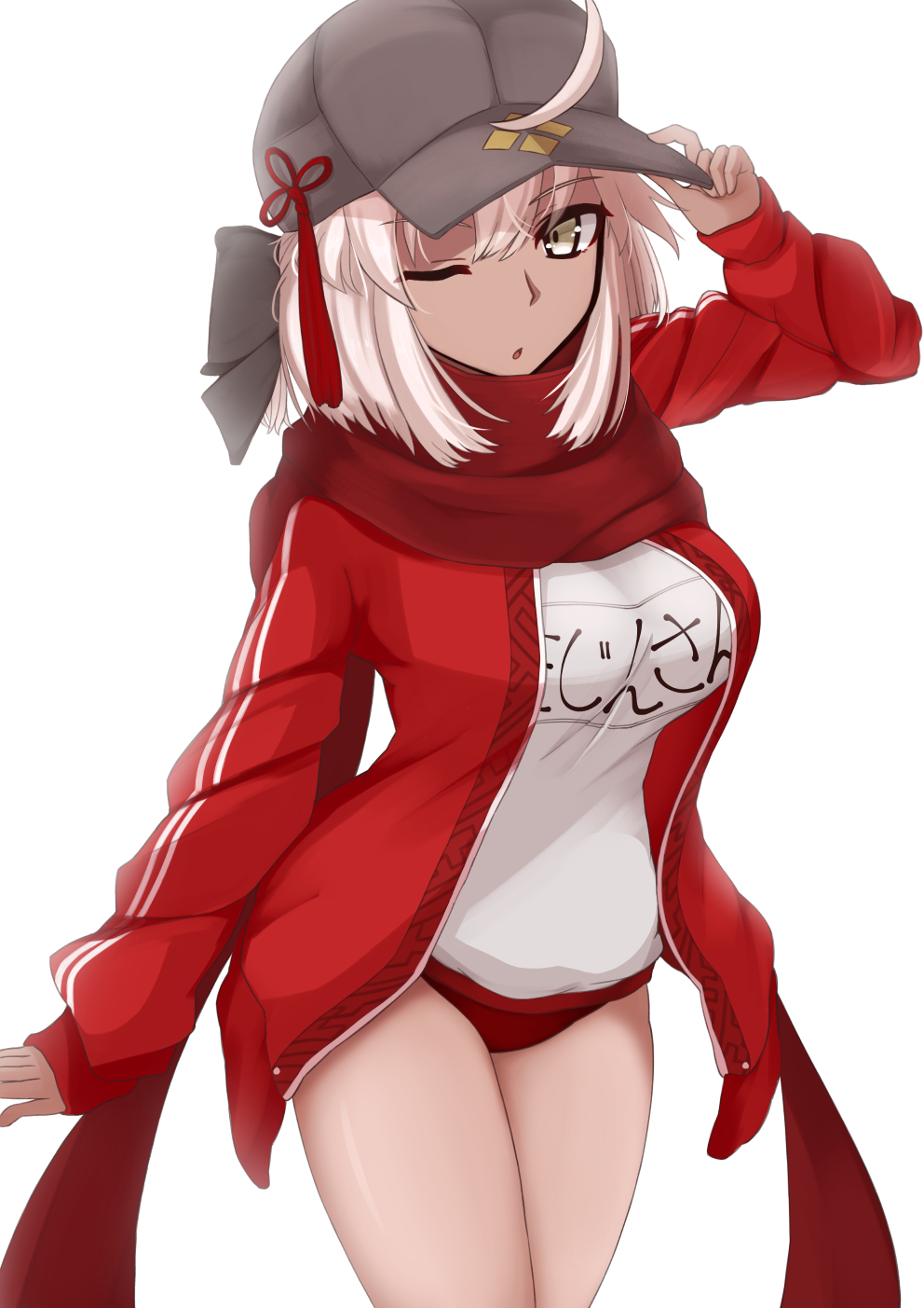 ahoge, amu_(takuya0331), artoria_pendragon_(all), baseball_cap, black_bow, black_headwear, bow, buruma, clothes_writing, cosplay, cowboy_shot, dark_skin, fate/grand_order, fate_(series), gym_shirt, hair_bow, hair_through_headwear, half_updo, hat, highres, jacket, mysterious_heroine_x, mysterious_heroine_x_(cosplay), okita_souji_(alter)_(fate), okita_souji_(fate)_(all), one_eye_closed, open_track_jacket, red_buruma, red_jacket, red_scarf, scarf, shirt, simple_background, track_jacket, white_background, white_eyes, white_hair, white_shirt