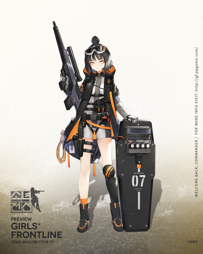 1girl, bangs, black_footwear, black_hair, boots, braid, breasts, bullpup, caws_(girls_frontline), character_name, coat, combat_shotgun, expressionless, eyeshadow, german_flag, girls_frontline, gloves, goggles, goggles_on_head, gun, h&amp;k_caws, hand_on_shield, headset, heckler_&amp;_koch, highres, holding, holding_gun, holding_weapon, holster, load_bearing_equipment, logo, long_sleeves, looking_at_viewer, makeup, name_tag, official_art, open_clothes, open_coat, orange_legwear, riot_shield, rope, shin_guards, short_hair, short_sleeves, shotgun, side_braid, sidelocks, single_knee_pad, single_shin_guard, small_breasts, snap-fit_buckle, socks, solo, thigh_holster, thigh_strap, topknot, weapon, yellow_eyes
