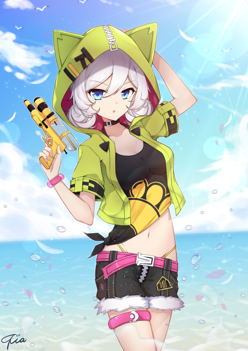 1girl, animal_ears, arm_up, belt, black_shirt, black_shorts, blue_eyes, blue_sky
