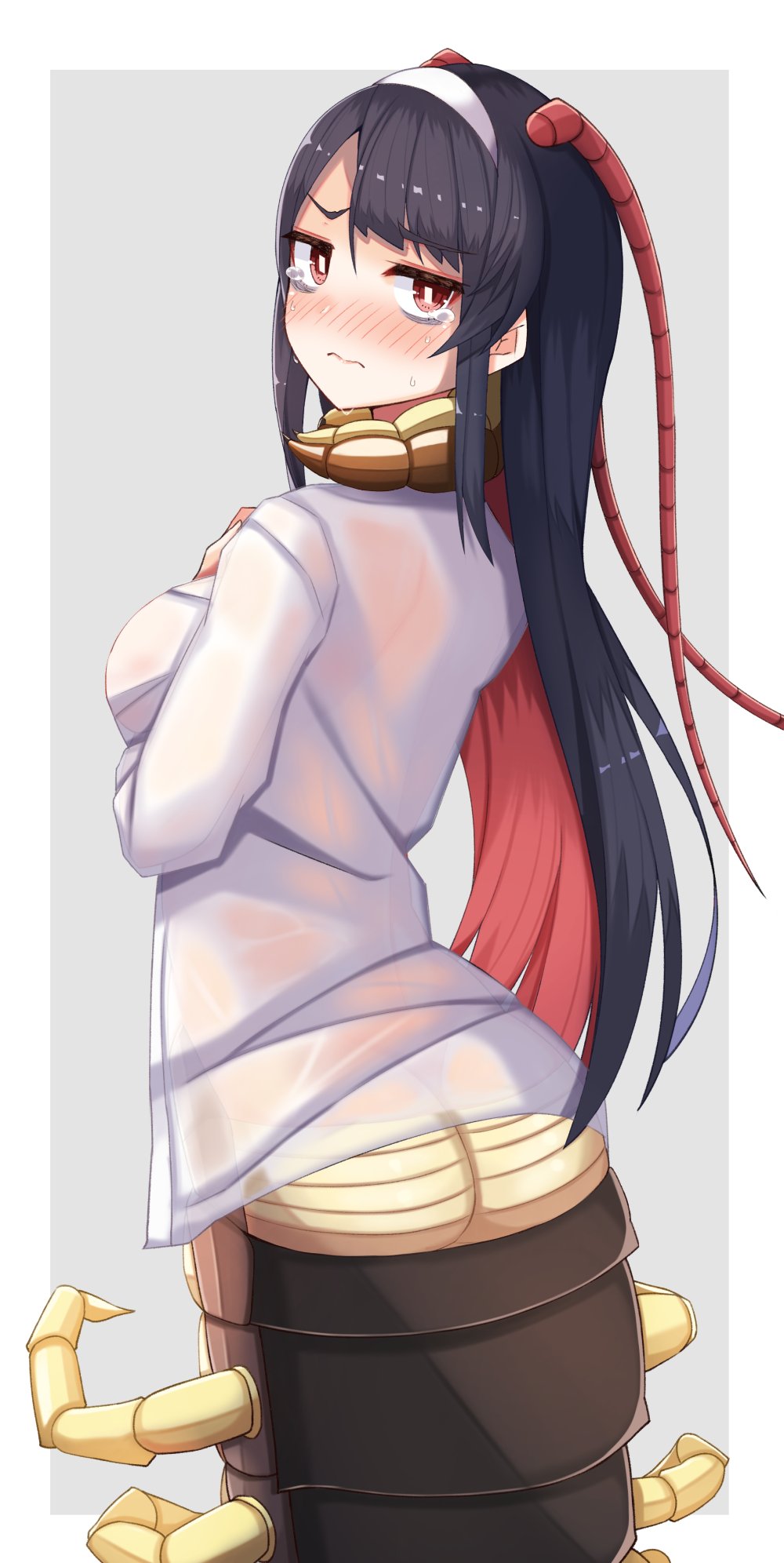 1girl, 3:, antennae, black_hair, blush, centipede_girl, centipede_girl_(plan), commentary_request