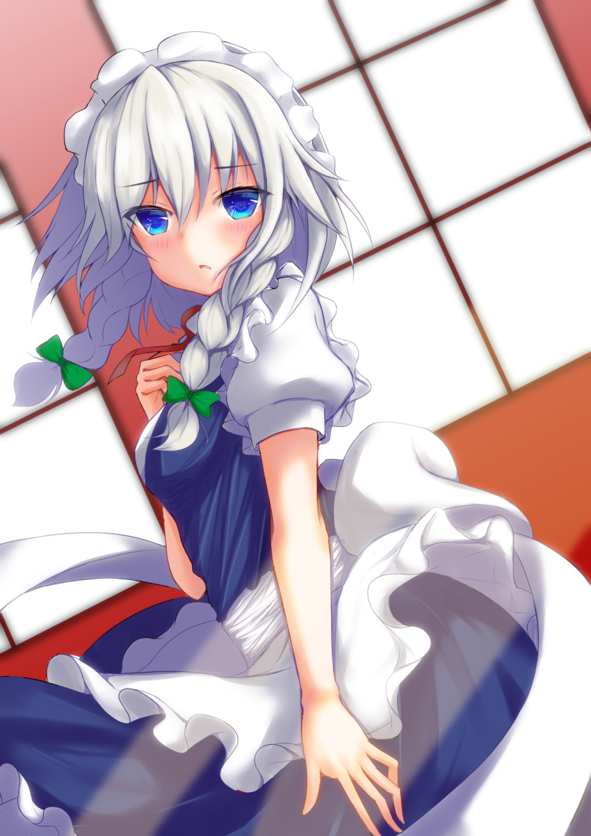 1girl, apron, bangs, blue_dress, blue_eyes, blush, bow, braid
