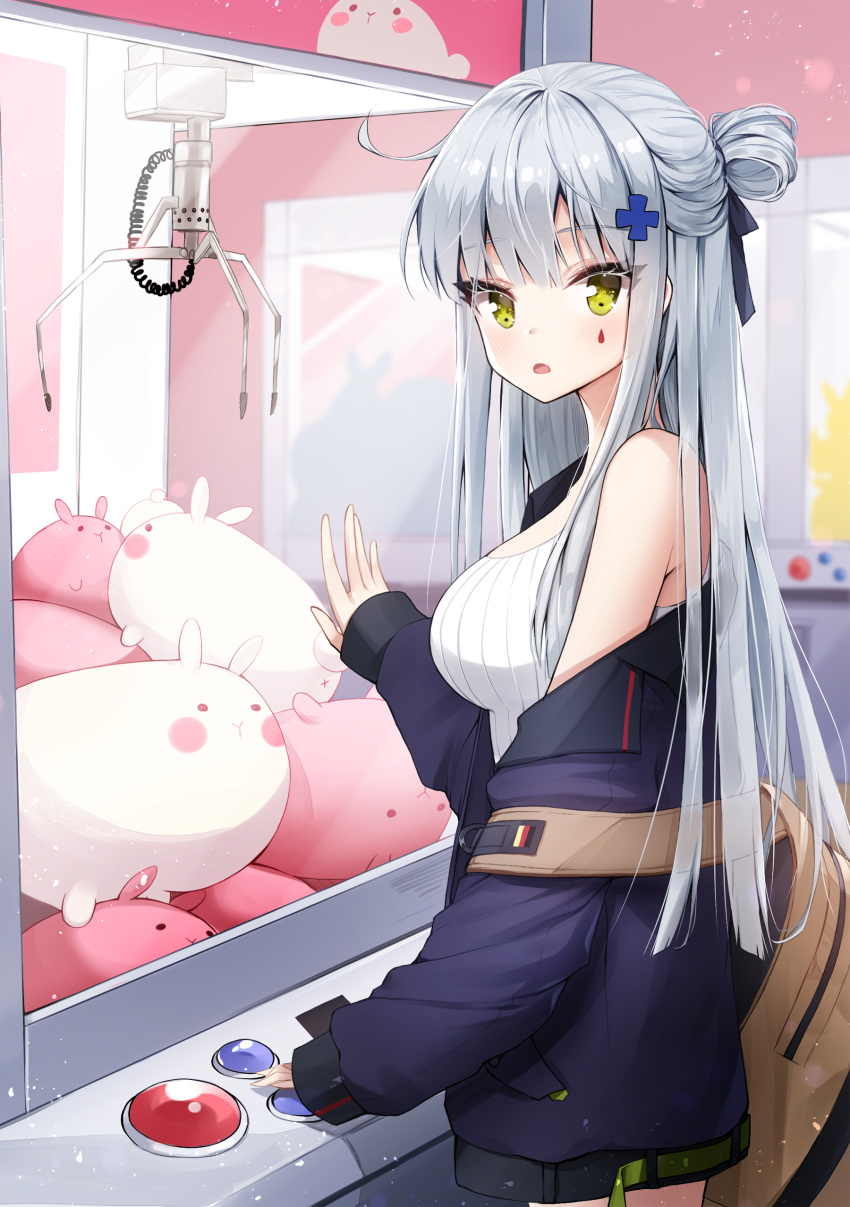 1girl, absurdres, ahoge, ankkoyom, backpack, bag, bangs, bare_shoulders