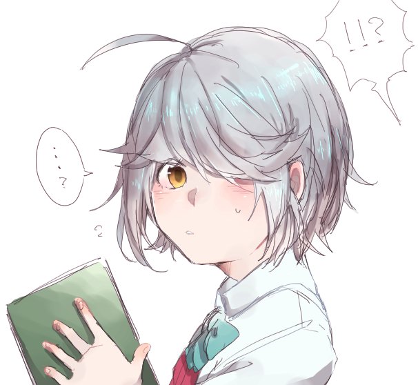 !!?, ...?, 1girl, ahoge, alternate_hair_length, alternate_hairstyle, blush, book, grey_hair, hair_over_one_eye, hamanami_(kantai_collection), kantai_collection, kuroneco-jack, ribbon, short_hair, sweatdrop, uniform, white_background, yellow_eyes