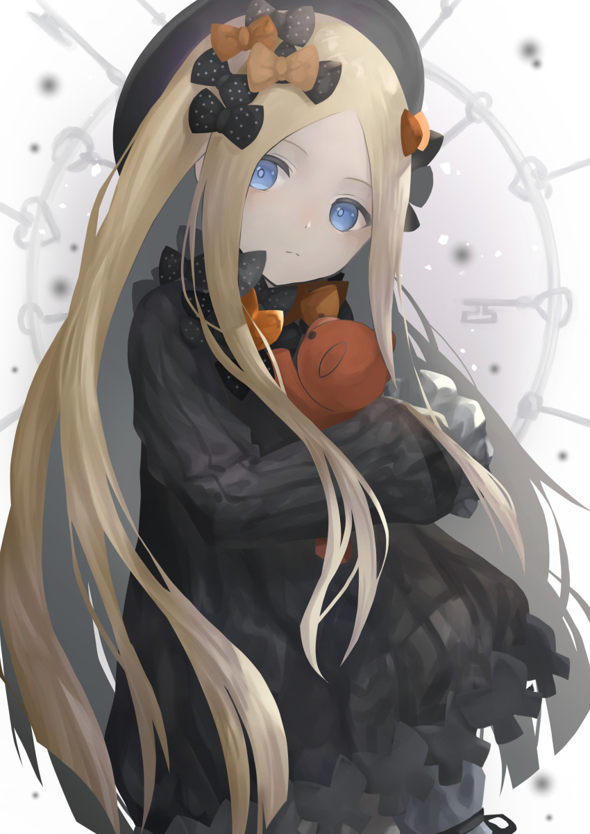 1girl, abigail_williams_(fate/grand_order), absurdres, bangs, bao_lan, black_bow, black_dress, black_headwear