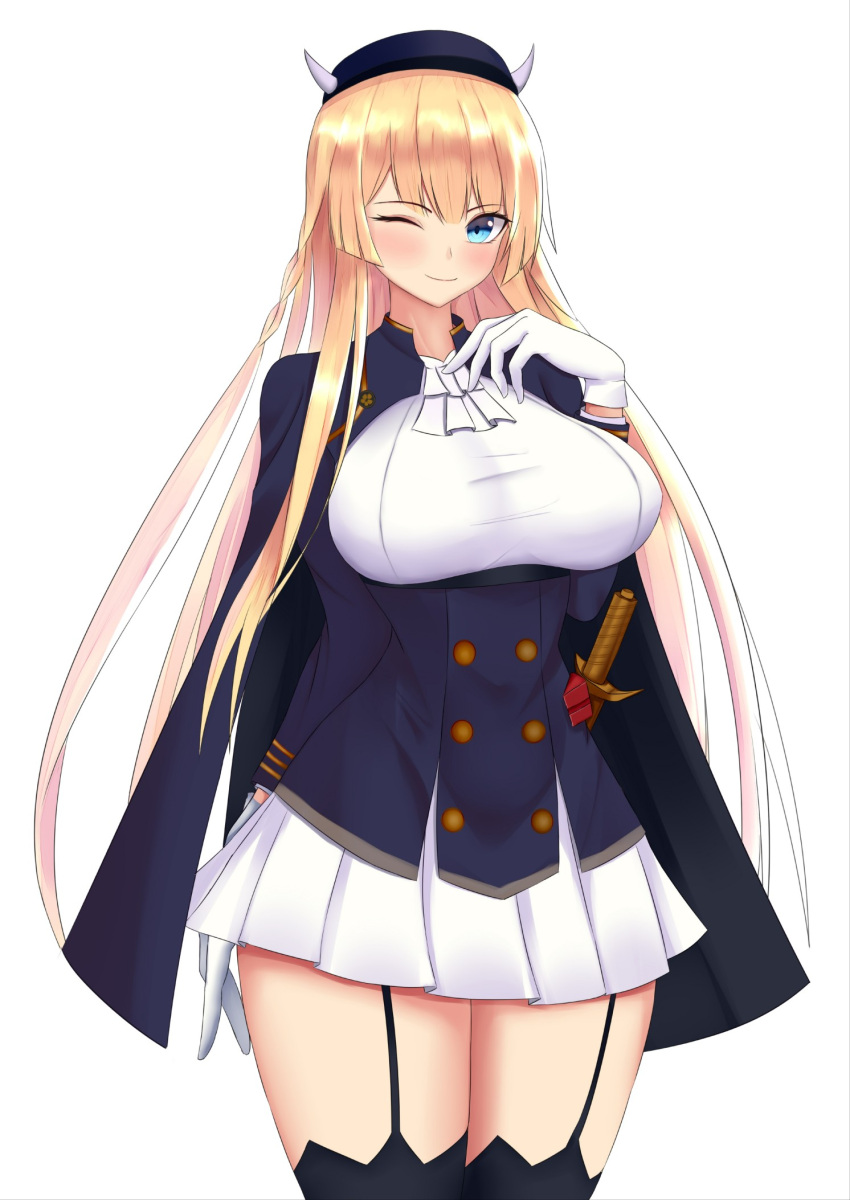 1girl, aqua_eyes, ascot, azur_lane, black_cape, black_legwear, blue_headwear, blue_jacket, braid, breasts, cape, cowboy_shot, eyebrows_visible_through_hair, fake_horns, framed_breasts, garter_straps, gloves, hair_between_eyes, highres, horns, jacket, kdkaikai, kongou_(azur_lane), large_breasts, long_hair, long_sleeves, military, military_uniform, one_eye_closed, saber_(weapon), sheath, sheathed, sidelocks, simple_background, skirt, solo, sword, thigh-highs, uniform, weapon, white_background, white_gloves, white_neckwear, white_skirt