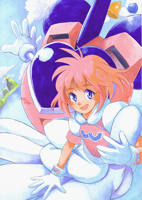 80's, :d, bell, blue_eyes, blush, cloud, flat_chest, flying