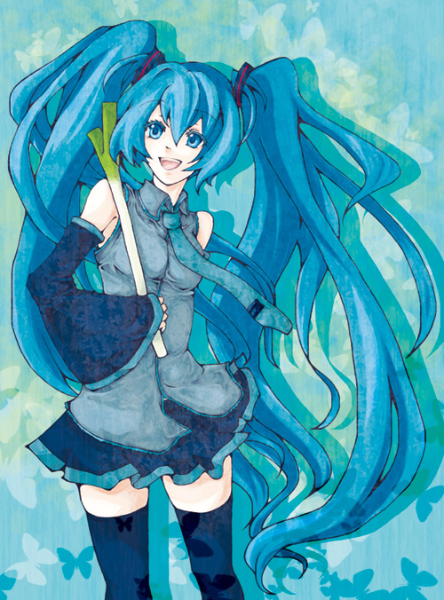 green_eyes, green_hair, hatsune_miku, mana_(pixiv), mana_(pixiv187388), thighhighs, twintails, vocaloid