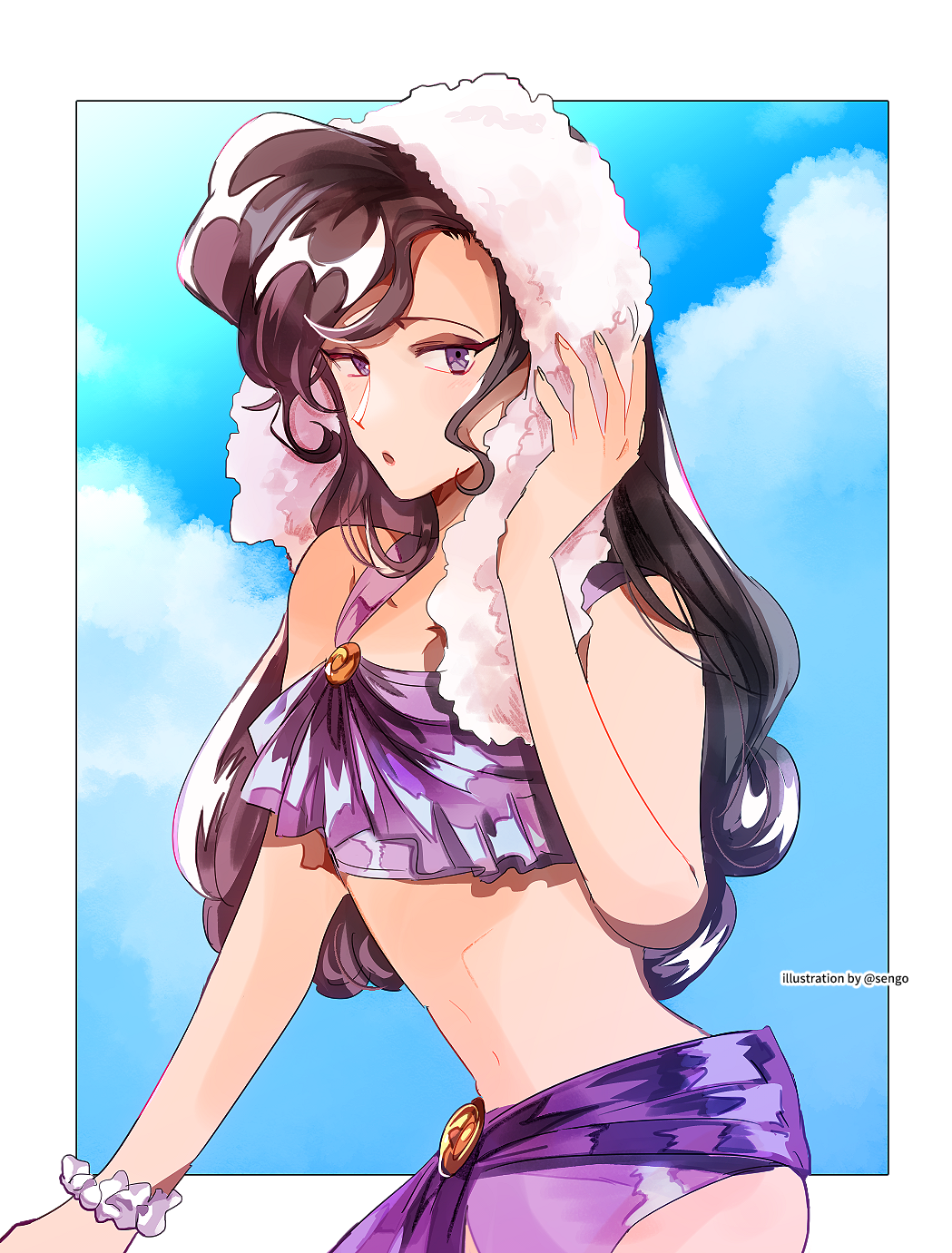 1girl, :o, adapted_costume, airagency1005, bangs, bare_shoulders, bikini, blue_sky, border, bracelet, brown_hair, day, disney, dress, hercules_(disney), highres, jewelry, long_hair, looking_at_viewer, megara_(disney), midriff, purple_bikini, purple_dress, sideways_glance, skirt, skirt_set, sky, sleeveless, solo, swimsuit, towel, towel_on_head, violet_eyes, white_background, wiping_face