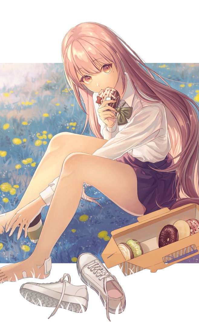 1girl, bandaged_feet, bare_legs, barefoot, bow, bowtie, coffee_cup, collared_shirt