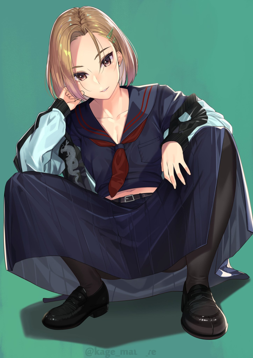 backlighting, belt, black_footwear, black_legwear, blonde_hair, brown_eyes, collarbone, dragon