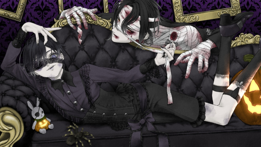 2boys, black_bow, black_footwear, black_legwear, black_nails, black_shirt, blue_eyes, bow