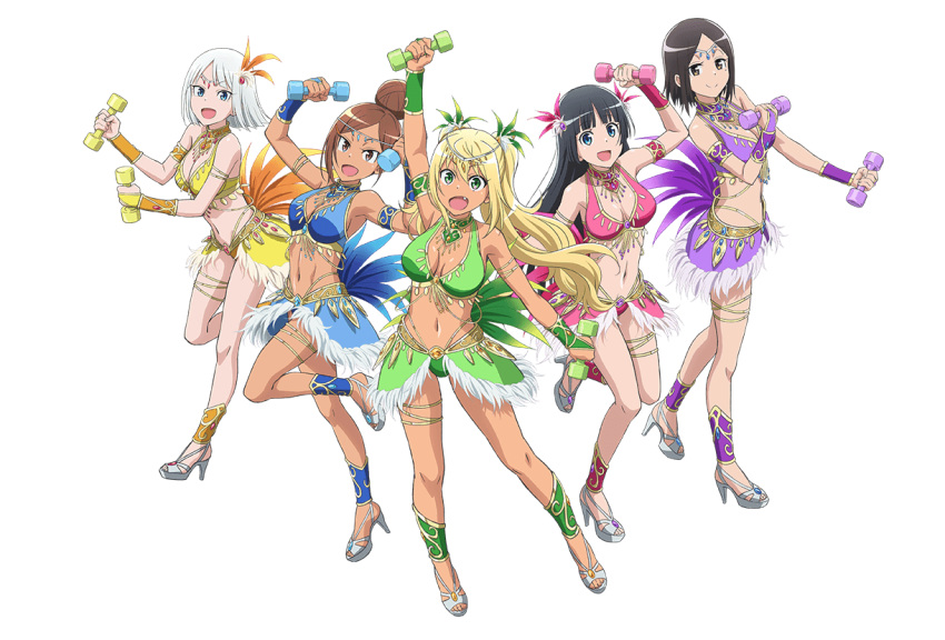 5girls, :d, armlet, black_hair, blonde_hair, bridal_gauntlets, brown_hair, choker, circlet, danberu_nan_kiro_moteru?, dumbbell, fang, feathers, floating_hair, gauntlets, gem, gina_boyd, greaves, hair_feathers, high_heels, long_hair, midriff, mole, mole_under_eye, multiple_girls, navel, official_art, open_mouth, sakura_hibiki_(danberu_nan_kiro_moteru?), samba, short_hair, silver_hair, smile, souryuuin_akemi, tachibana_satomi, thigh_strap, transparent_background, twintails, uehara_ayaka