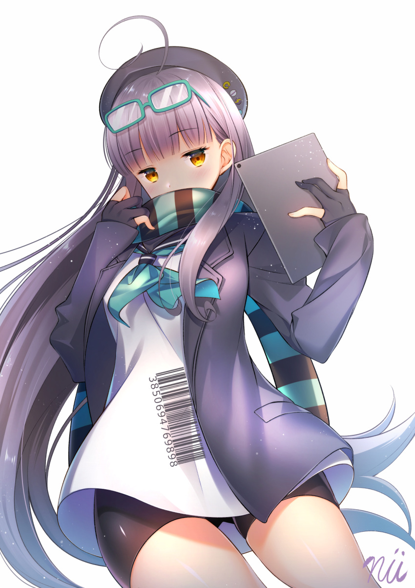 1girl, ahoge, ainili, ass_visible_through_thighs, bangs, barcode, barcode_print, beret