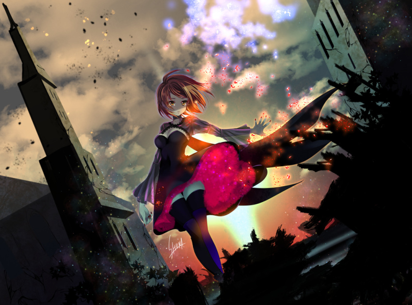 1girl, black_dress, black_legwear, breasts, brown_eyes, brown_hair, brown_sky, building