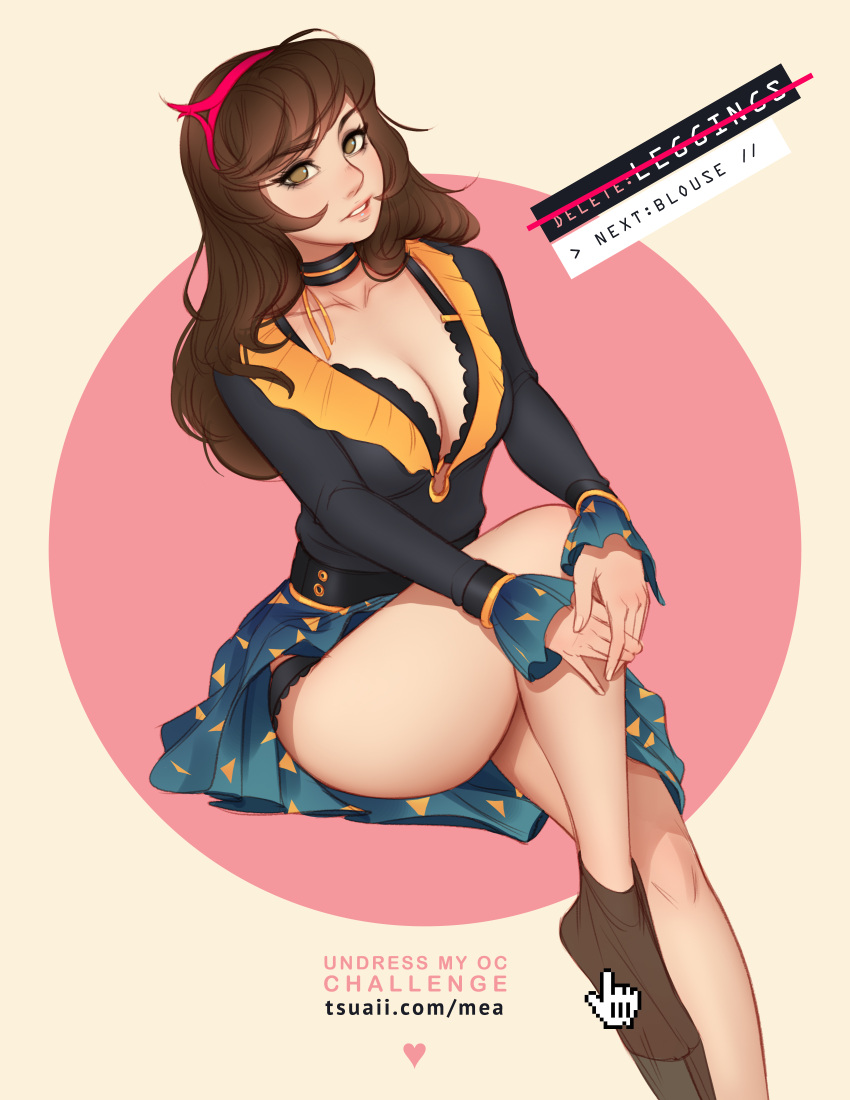 1girl, absurdres, belt, black_bra, black_choker, black_panties, blue_skirt, bra, breasts, brown_eyes, brown_hair, choker, collarbone, english_text, hairband, highres, large_breasts, leg_up, lips, long_hair, looking_at_viewer, mea_koenig, mouse_pointer, original, panties, pantyhose, pantyhose_pull, pantyshot, pantyshot_(sitting), parted_lips, pink_hairband, plunging_neckline, sheer_legwear, sitting, skirt, solo, strap_gap, tsuaii, underwear, undressing, watermark, web_address