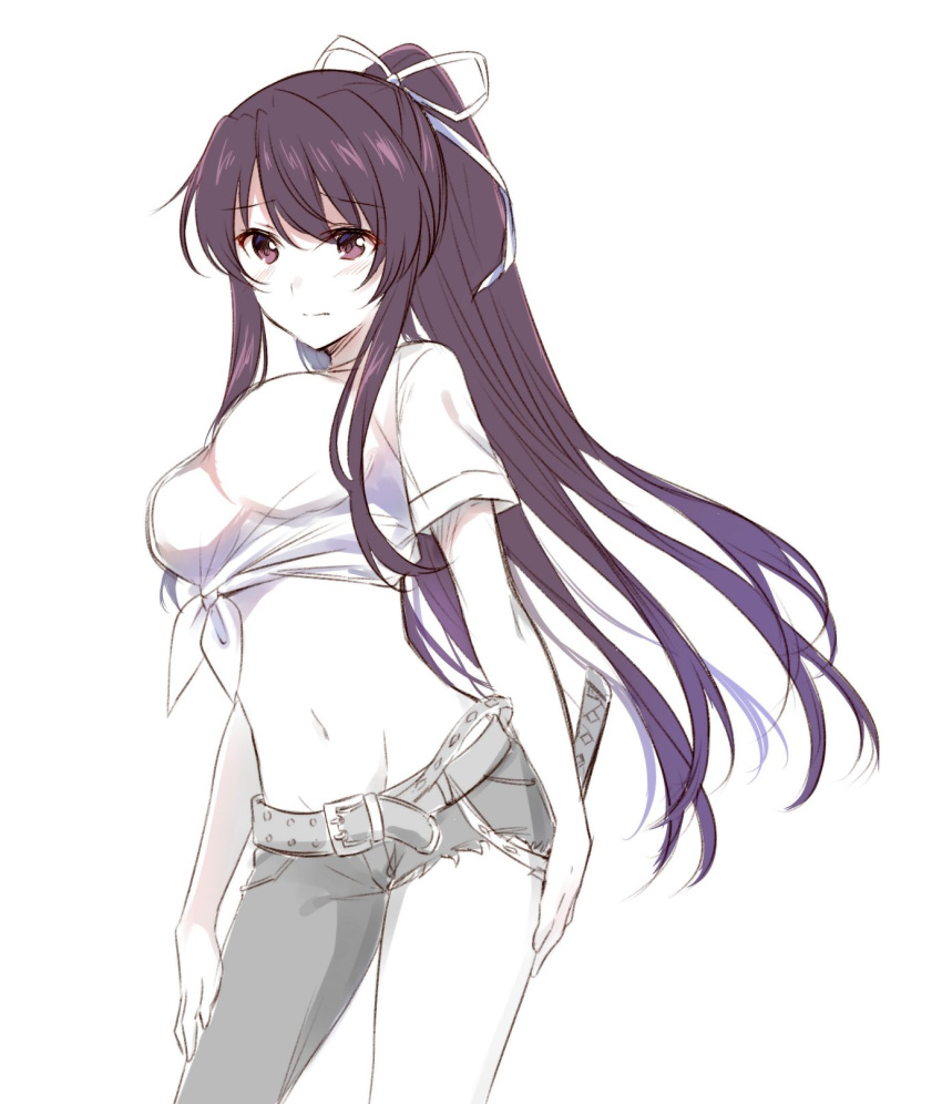 1girl, arms_at_sides, asymmetrical_legwear, bangs, belt, belt_buckle, blush, breasts