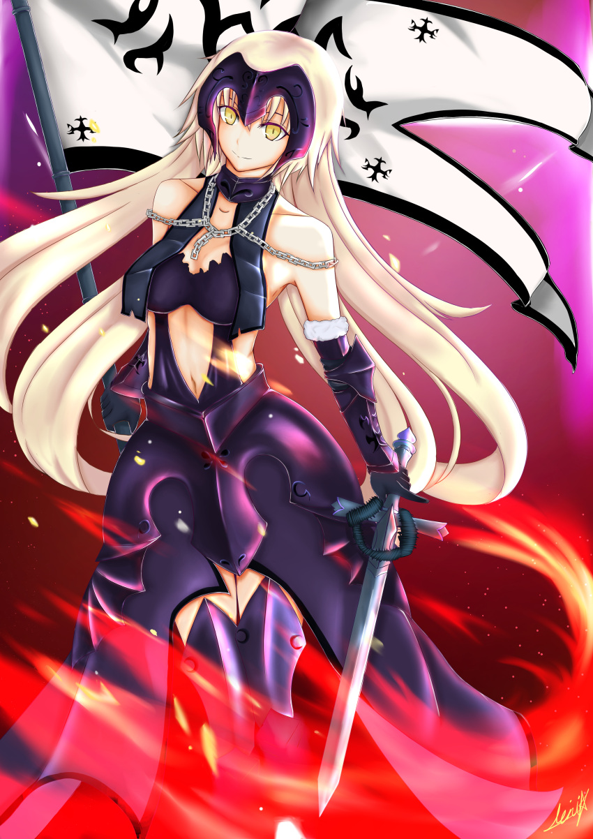 1girl, absurdres, armor, armored_dress, armored_legwear, blonde_hair, breasts, chain