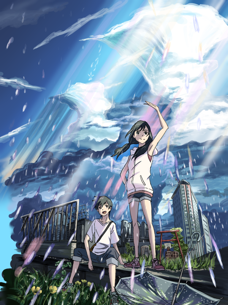 1girl, amano_hina_(tenki_no_ko), black_hair, blue_shorts, derivative_work, hood, hood_down, jacket
