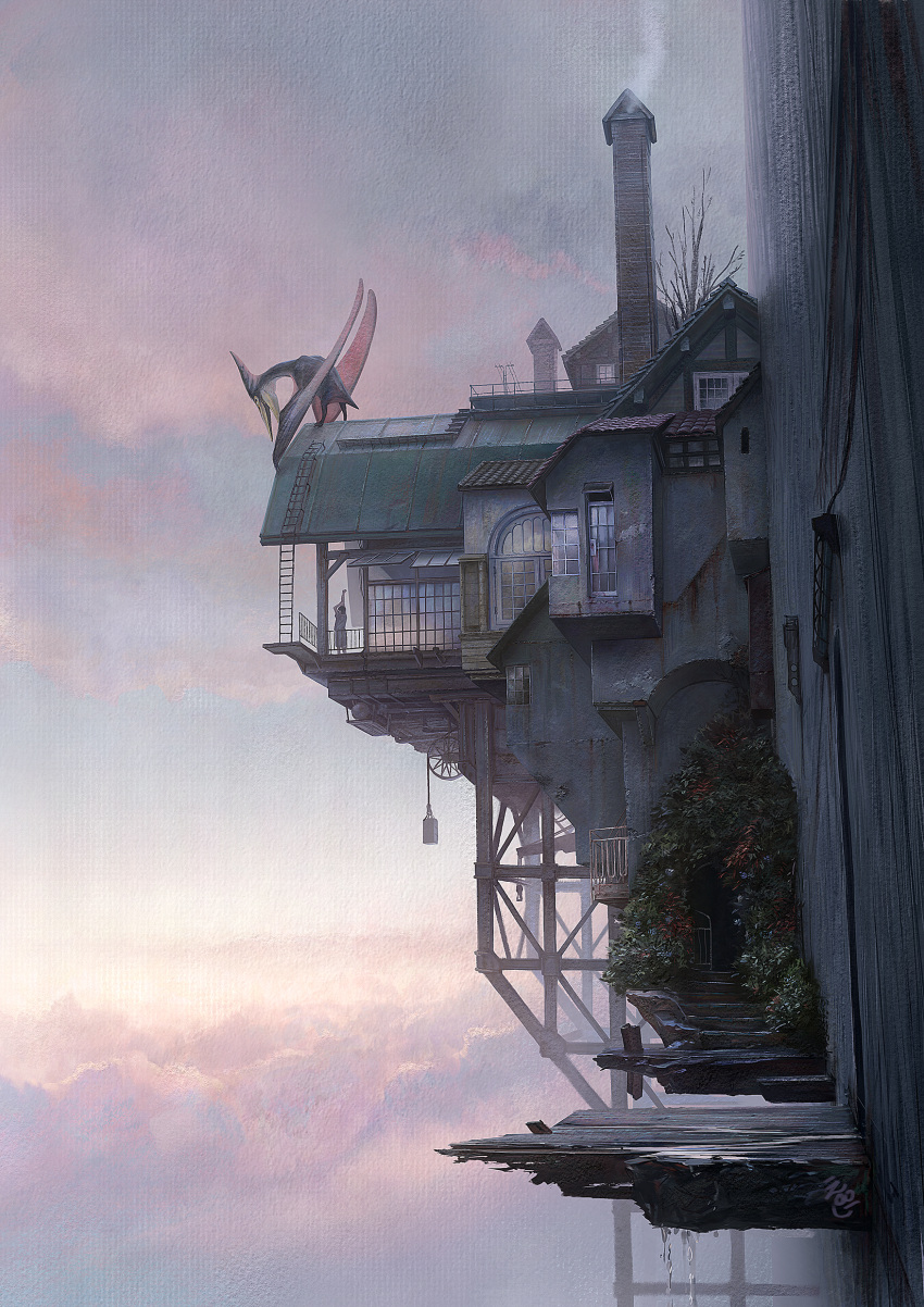 1other, absurdres, ag+_(atelieriji), arm_up, bare_tree, building, chimney, cliff