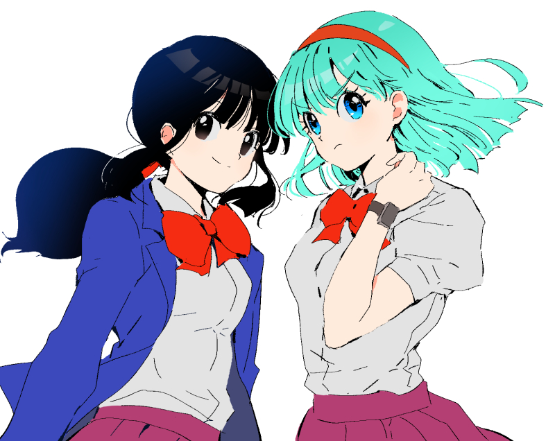 2girls, annoyed, aqua_hair, arms_at_sides, bangs, black_eyes, black_hair, blue_eyes