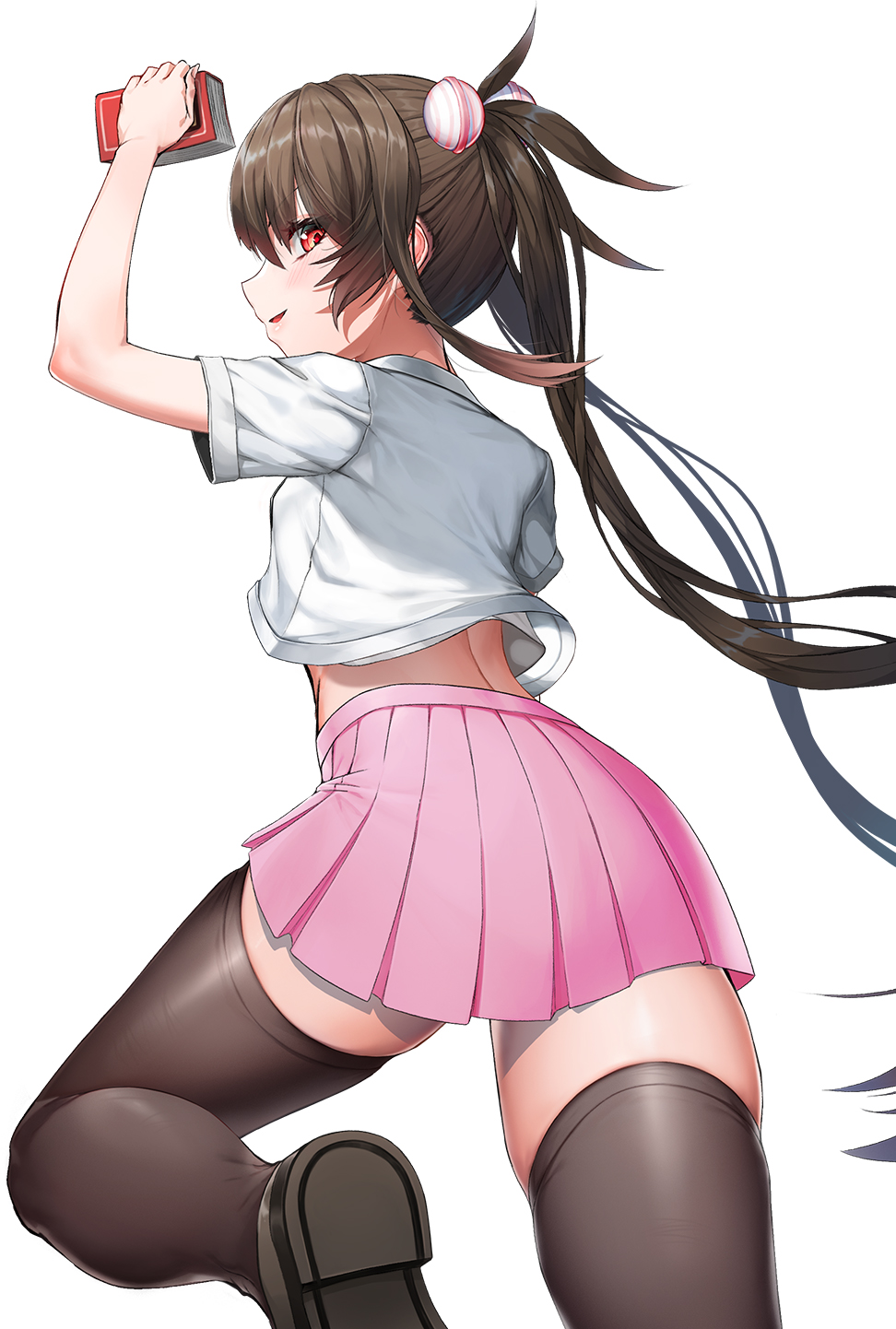 1girl, :d, ass, black_legwear, blsh, book, brown_hair, gradient_hair, greem_bang, hair_bobbles, hair_ornament, highres, holding, holding_book, loafers, long_hair, multicolored_hair, open_mouth, original, pink_hair, pink_skirt, red_eyes, shirt, shoes, short_sleeves, simple_background, skindentation, skirt, smile, solo, thigh-highs, thighs, very_long_hair, white_background, white_shirt