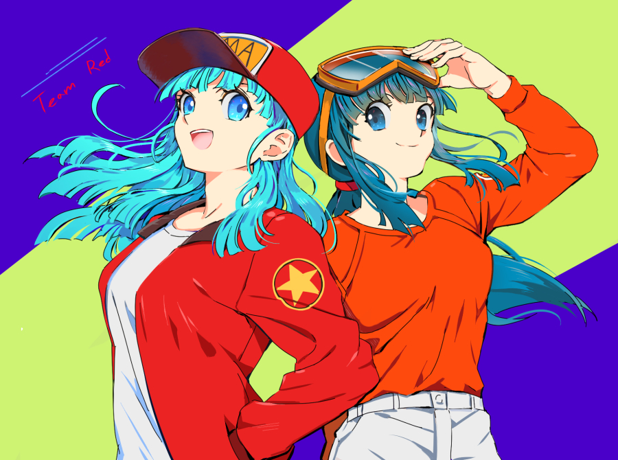 2girls, :d, alternate_color, alternate_hair_color, aqua_hair, back-to-back, bangs, baseball_cap