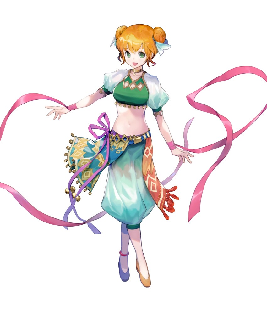 1girl, ballerina, bangs, breasts, double_bun, fire_emblem, fire_emblem:_the_binding_blade, fire_emblem_heroes, full_body, green_eyes, highres, kawasumi_mahiro, larum_(fire_emblem), medium_breasts, midriff, navel, official_art, orange_hair, pants, shiny, shiny_hair, shoes, short_sleeves, solo, stomach, tied_hair, transparent_background