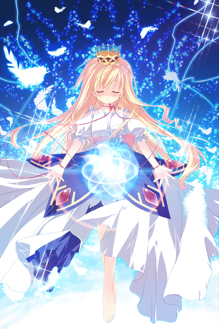 arietta_(lyrical_lyric), barefoot, blonde_hair, blush, chikotam, chikotamu, closed_eyes, crown