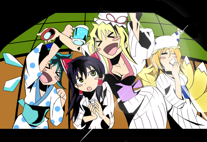 bad_id, blonde_hair, blue_hair, cirno, drink, erua, fox_ears, fox_tail, hakurei_reimu, japanese_clothes, kimono, long_hair, miko, parody, short_hair, style_parody, tail, tengen_toppa_gurren_lagann, touhou, wings, yakumo_ran, yakumo_yukari