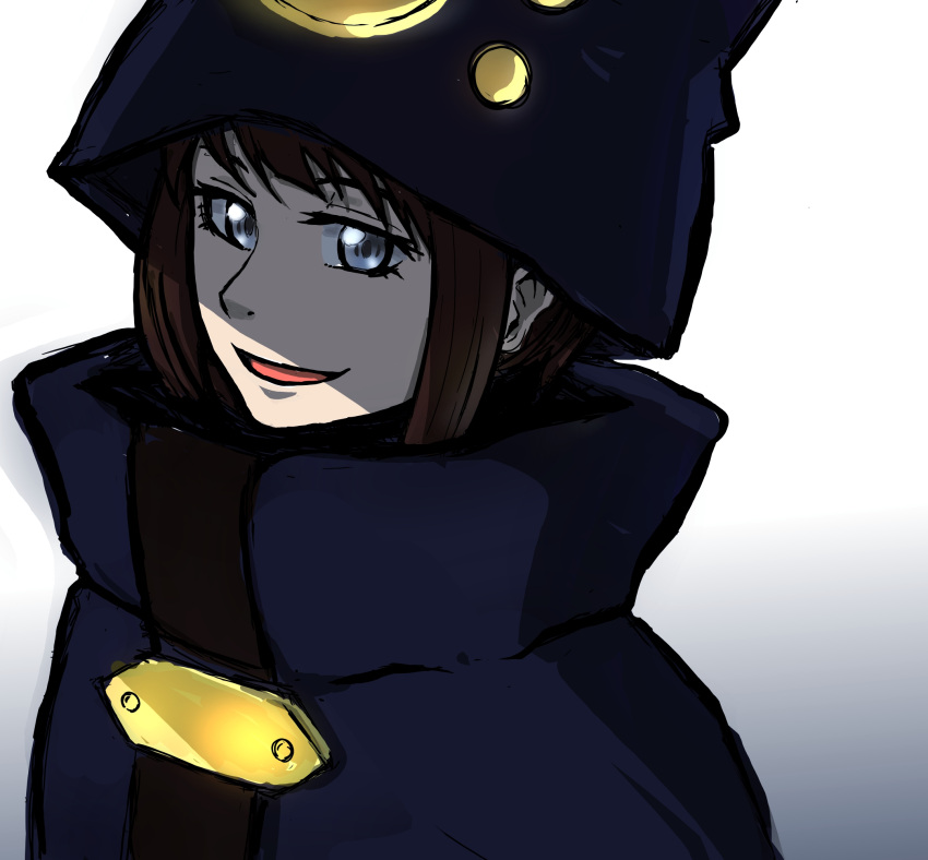1girl, androgynous, boogiepop, boogiepop_(character), brown_hair, cloak, foguba, grey_eyes, hat, highres, short_hair, simple_background, smile, solo
