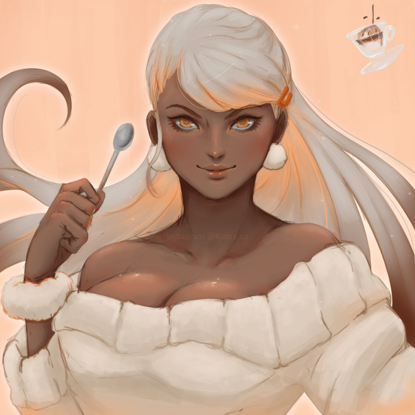 1girl, bangs, bare_shoulders, closed_mouth, coffee, commentary, dark_skin, earrings