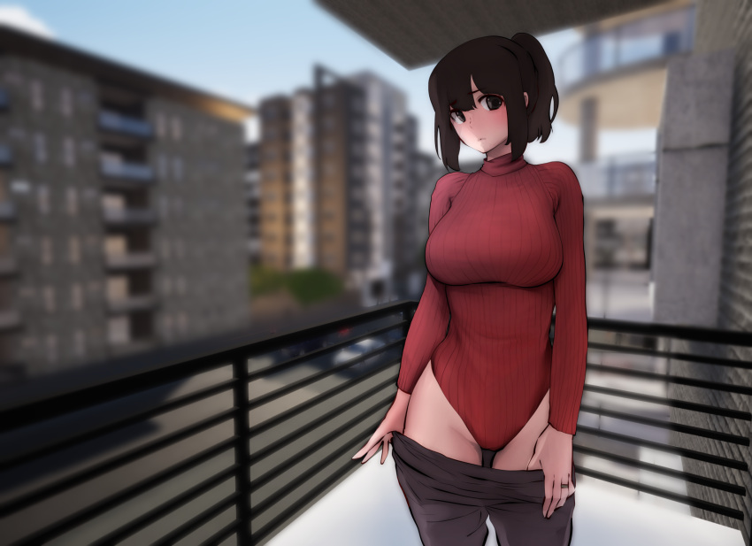 1girl, :<, balcony, black_eyes, black_hair, blurry, blurry_background, blush, breasts, brown_pants, building, city, closed_mouth, cowboy_shot, day, depth_of_field, highres, impossible_clothes, impossible_leotard, jewelry, large_breasts, leotard, long_sleeves, looking_at_viewer, mature, original, outdoors, pants, pants_pull, ponytail, red_leotard, ring, short_hair, sidelocks, solo, souryu, turtleneck_leotard, undressing, wedding_band
