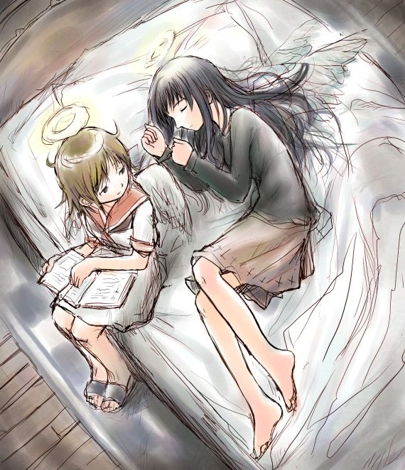 bed, black_hair, book, brown_hair, feet, haibane_renmei, halo, kashmir