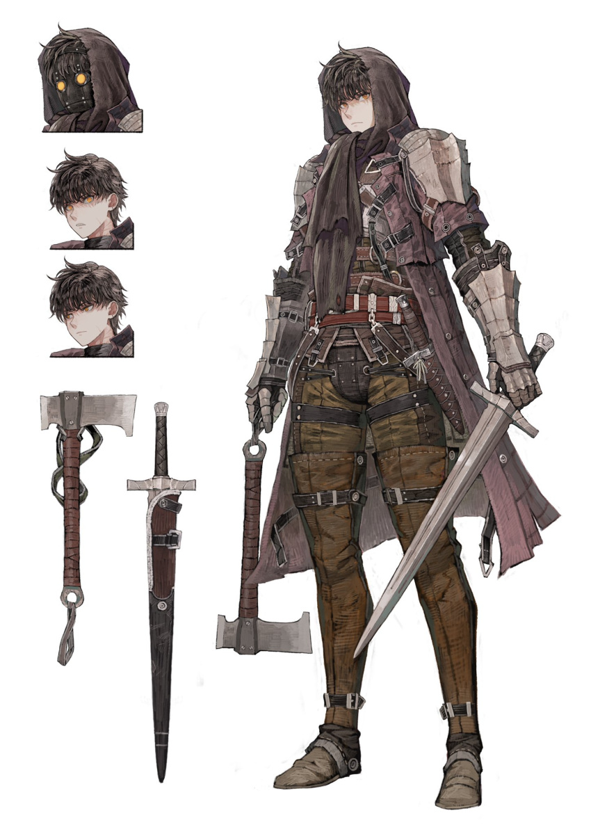 1boy, armor, axe, bangs, belt, black_hair, cloak, executioner_(seojh1029)