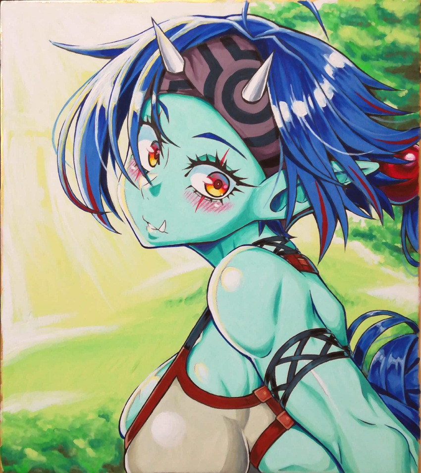 1girl, aqua_skin, armband, blue_hair, blush, breasts, day, doula_(sennen_sensou_aigis), fang, female_orc, headband, highres, horns, large_breasts, looking_at_viewer, orc, outdoors, pointy_ears, sennen_sensou_aigis, solo, soune1000, upper_body, yellow_eyes
