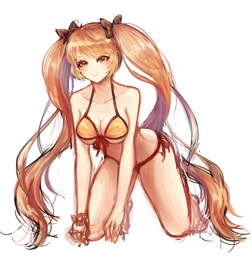 1girl, akan817, all_fours, bare_shoulders, bikini, bow, brown_hair, collarbone