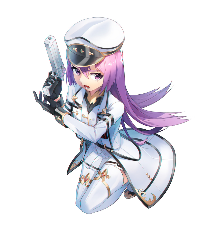 1girl, absurdres, black_gloves, coat, finger_on_trigger, gloves, gun, handgun, hanus_(king's_raid), hat, highres, holding, holding_gun, holding_weapon, king's_raid, kneeling, long_coat, long_hair, long_sleeves, looking_at_viewer, military, military_hat, military_uniform, miniskirt, mole, mole_under_eye, open_clothes, open_coat, open_mouth, peaked_cap, pleated_skirt, purple_hair, shirt, simple_background, skirt, solo, thigh-highs, uniform, violet_eyes, vladislav_ton, weapon, white_background, white_coat, white_headwear, white_legwear, white_shirt, white_skirt, wing_collar