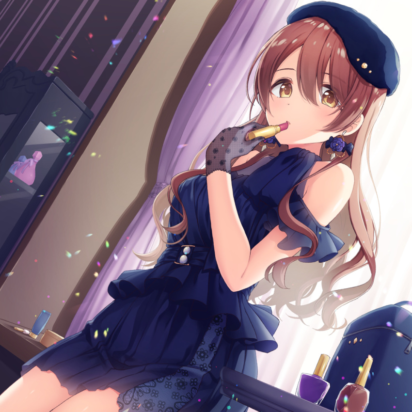 1girl, applying_makeup, backlighting, bag, bare_shoulders, beret, black_dress, blue_dress