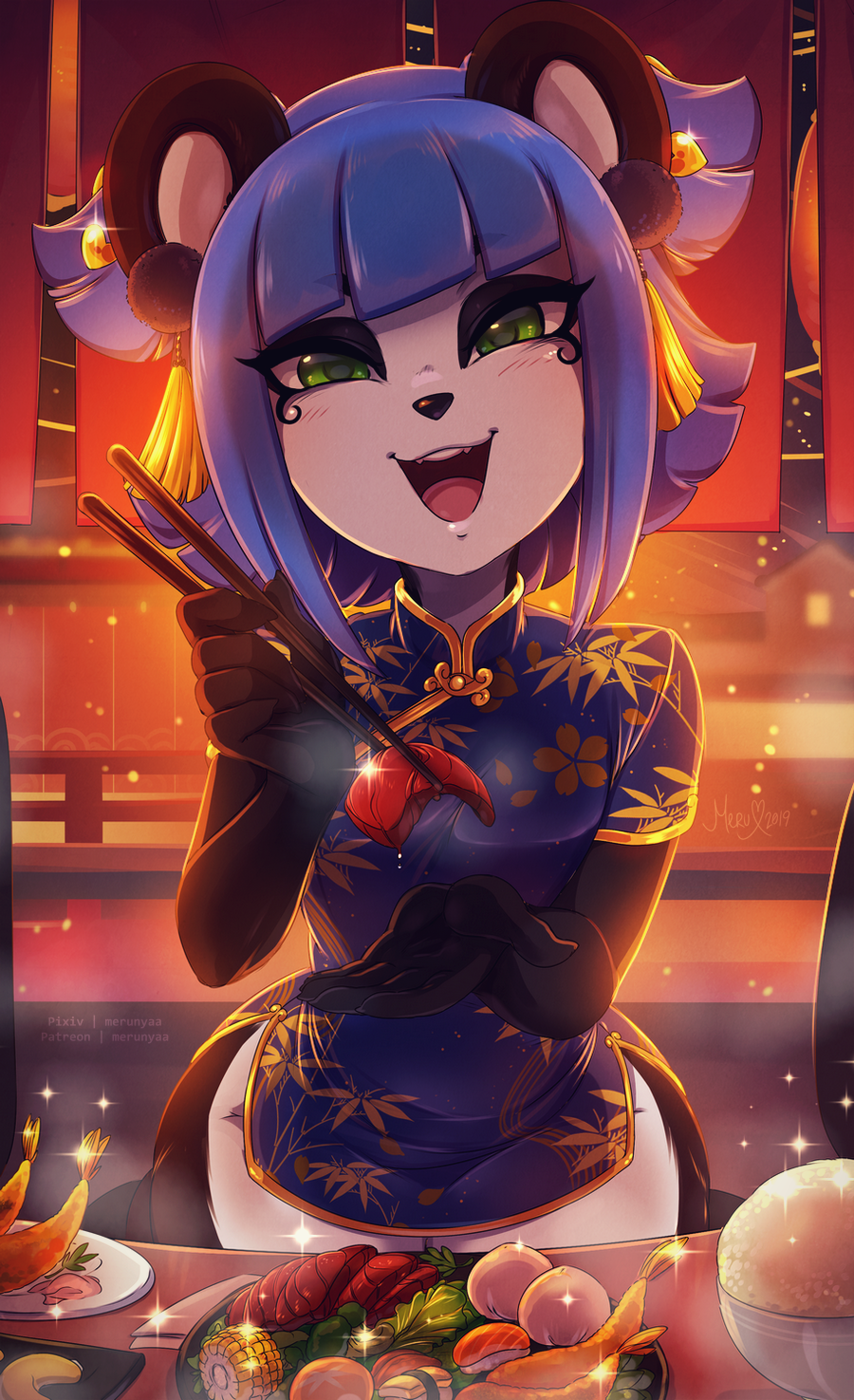1girl, 2d_dating, :d, animal_ears, bangs, black_fur, blue_dress, blue_hair