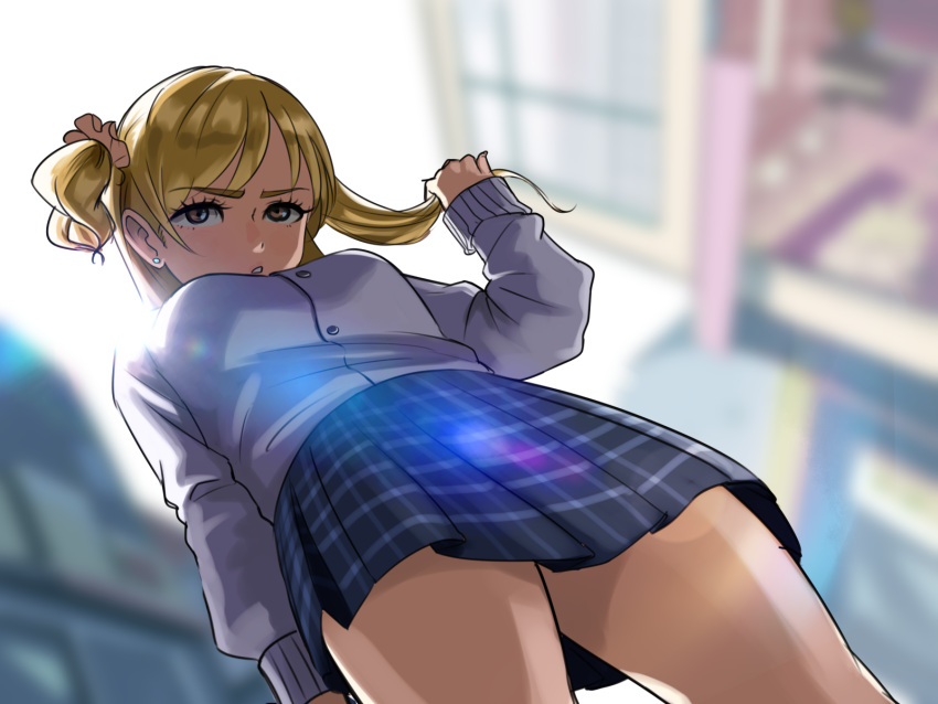 1girl, arm_at_side, backlighting, blonde_hair, blurry, blurry_background, day, earrings