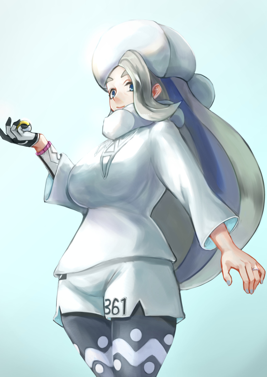 1girl, black_legwear, blue_background, blue_eyes, breasts, grey_nails, highres, holding