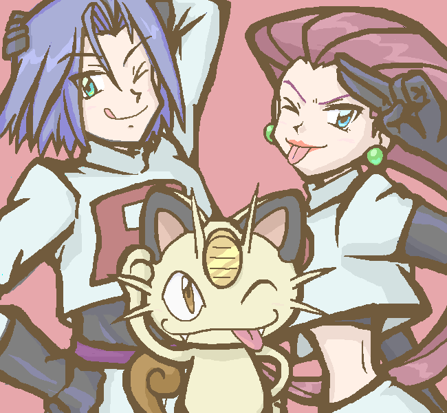 gardear058, kojirou_(pokemon), meowth, musashi_(pokemon), pokemon, team_rocket, tongue, tongue_out
