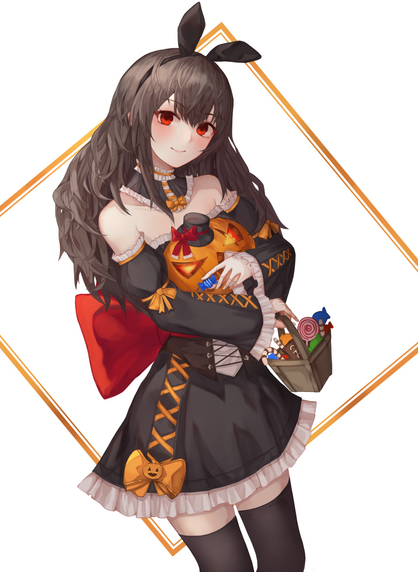 1girl, absurdres, animal_ears, black_hairband, black_headwear, black_legwear, black_skirt, bow