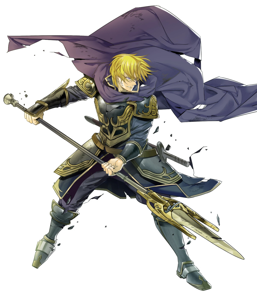 1boy, armor, armored_boots, belt, blonde_hair, boots, cape, fire_emblem, fire_emblem:_the_binding_blade, fire_emblem_heroes, full_body, highres, official_art, perceval_(fire_emblem), polearm, solo, spear, sword, teeth, torn_clothes, transparent_background, violet_eyes, weapon, yura_(ub4u)